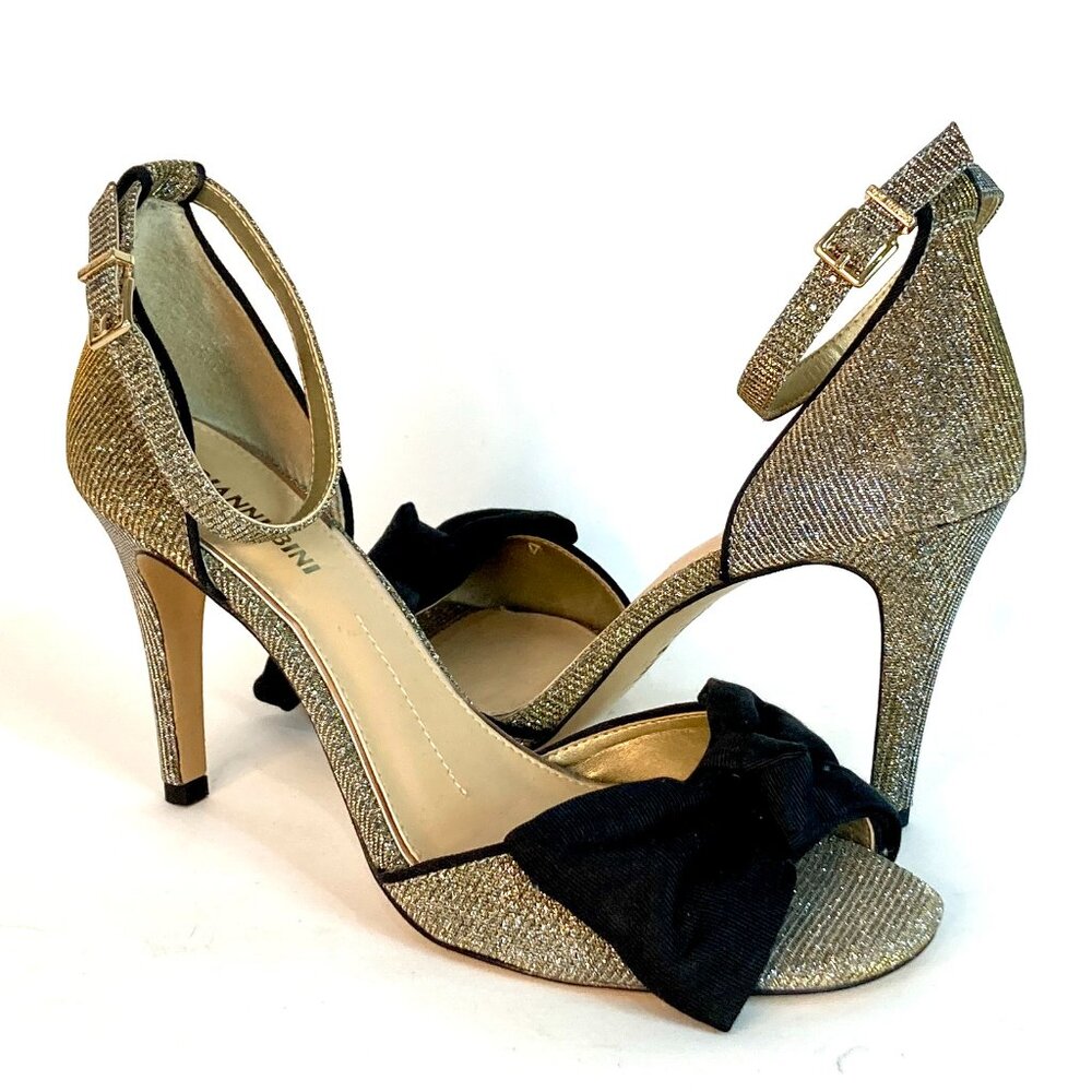 Brand New Gianni Bini Silver Metallic Black Bow Stiletto Ankle Strap Open Heels